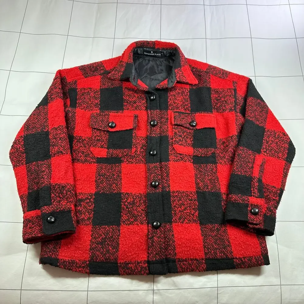 Pomander Place Shirt Jacket Womens XS Red Black Austen Buffalo Check Plaid Wool